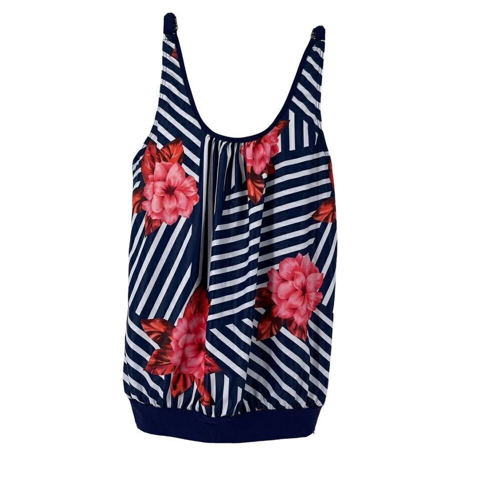 Tankini Swim Top Navy Blue Striped Floral Scoop Neck Womens Size L Classic Boho